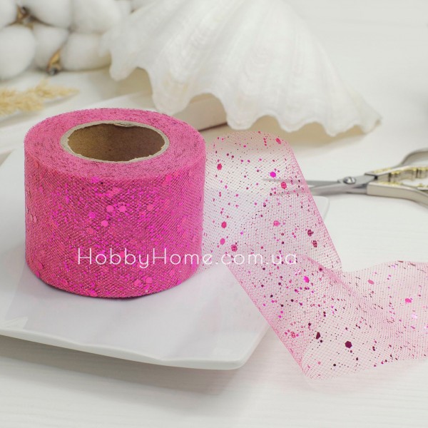 Фатин з блискітками 5 см Яскраво рожевий — жорстка фатинова стрічка для декору та рукоділля