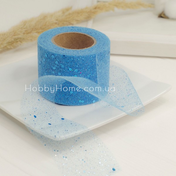 Фатин з блискітками 5 см Блакитний — жорстка стрічка для бантиків, упаковки, декору