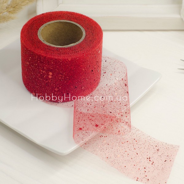 Фатин з блискітками 5 см Червоний — жорстка стрічка для декору, упаковки, рукоділля