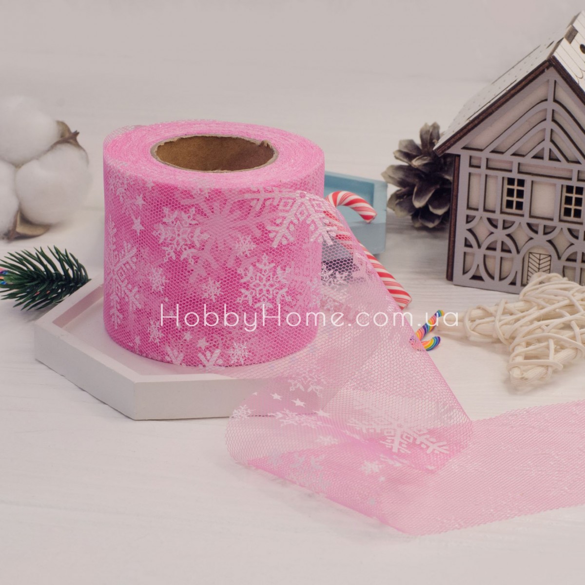Фатин зі сніжинками 6 см Насичено рожевий — стрічка для декору, свят і рукоділля