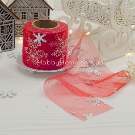 М’який фатин 6 см Червоний зі срібними сніжинками — стрічка для зимового декору М’який фатин 6 см Че...