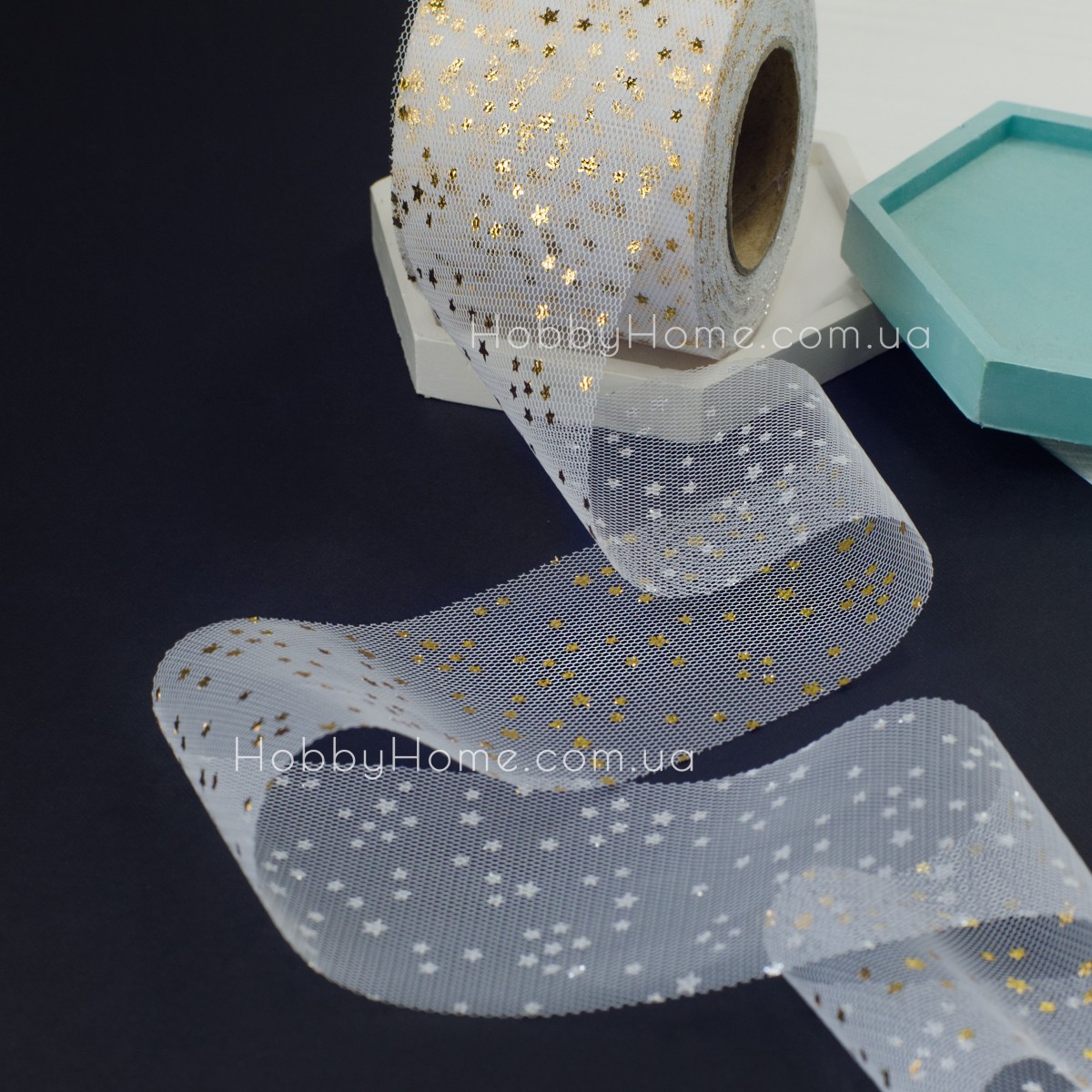 Фатін м'який із золотими зірками 6см Білий
