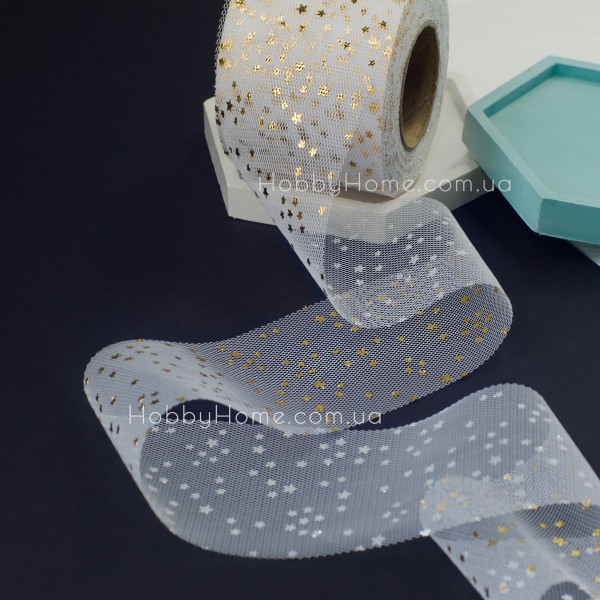 Фатін м'який із золотими зірками 6см Білий