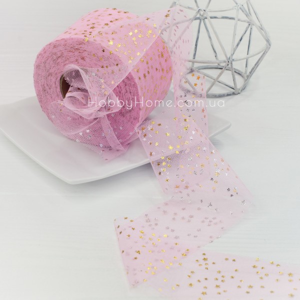 Фатин з зірками 6 см Ніжно Рожевий — м’яка стрічка з золотими та срібними зорями