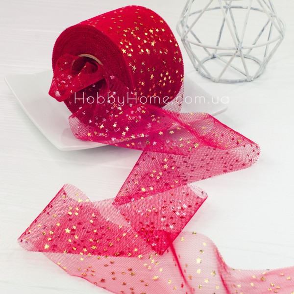 Фатин із зірками 6 см Червоний — стрічка з м’якого фатину для декору й рукоділля