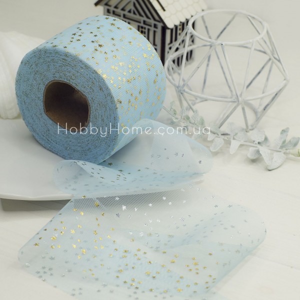 Фатин із зірками 6 см Блакитний — м’яка стрічка для декору та рукоділля