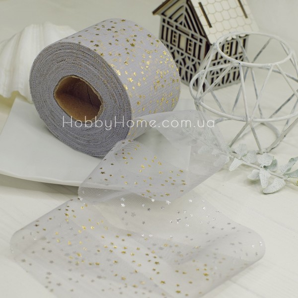 Фатин із зірками 6 см Сірий — м’яка стрічка для декору та рукоділля
