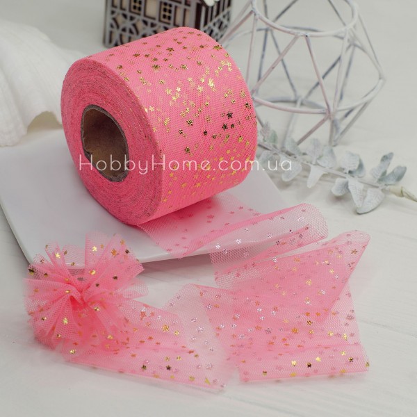 Фатин із зірками 6 см Лососевий — м’яка стрічка для декору, рукоділля та святкового оформлення