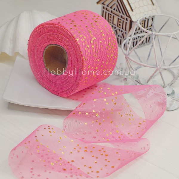 Фатин із золотими та срібними зірками 6 см Насичено Рожевий — м’яка стрічка для декору та рукоділля