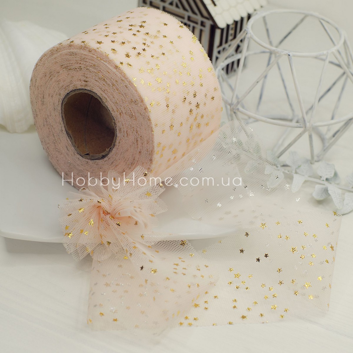 Фатин із зірками 6 см Персиковий — м’яка фатинова стрічка для рукоділля Фатин із зірками 6 см Персиковий — м’яка фатинова стрічка для рукоділля