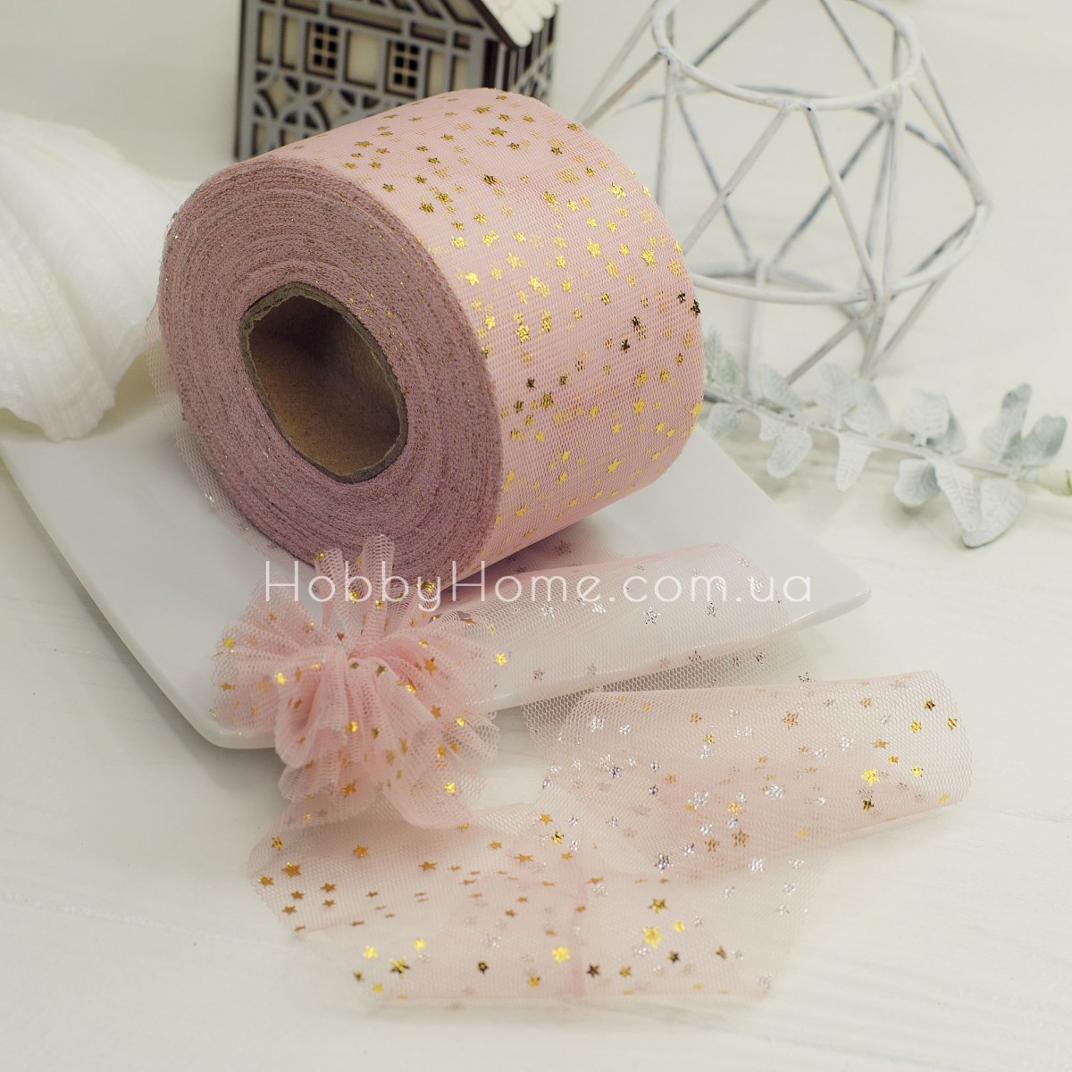 Фатин із зірками 6 см Пудровий — м’яка фатинова стрічка для рукоділля Фатин із зірками 6 см Пудровий — м’яка фатинова стрічка для рукоділля