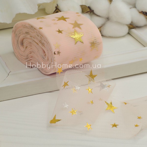 Фатин м'який з золотими зірками 6см Персиковий