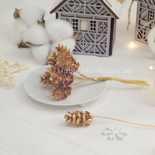 Штучні декоративні шишки на гілці 2,5 см золоті — для новорічного декору, флористики та композицій