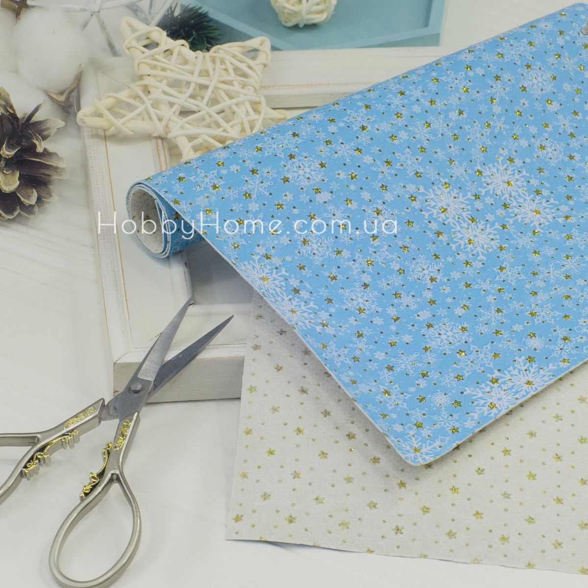Екошкіра тиснення "Зірки" сніжинки Блакитні