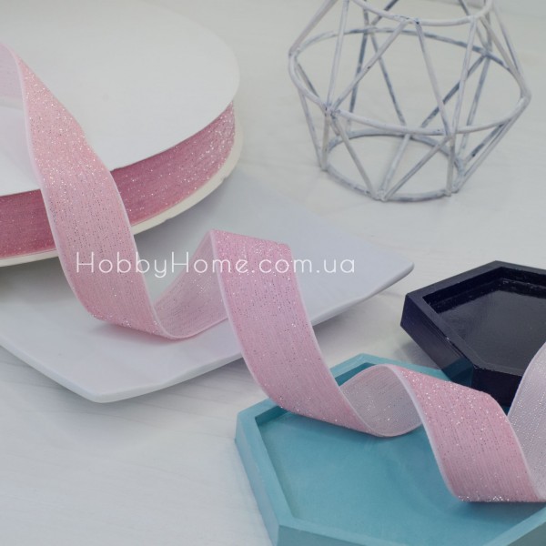 Оксамитова стрічка з люрексом 2,5 см Рожева зі срібною ниткою — для святкового декору
