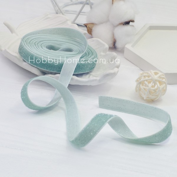 Оксамитова стрічка 1 см М’ятна зі срібним люрексом – для декору та рукоділля