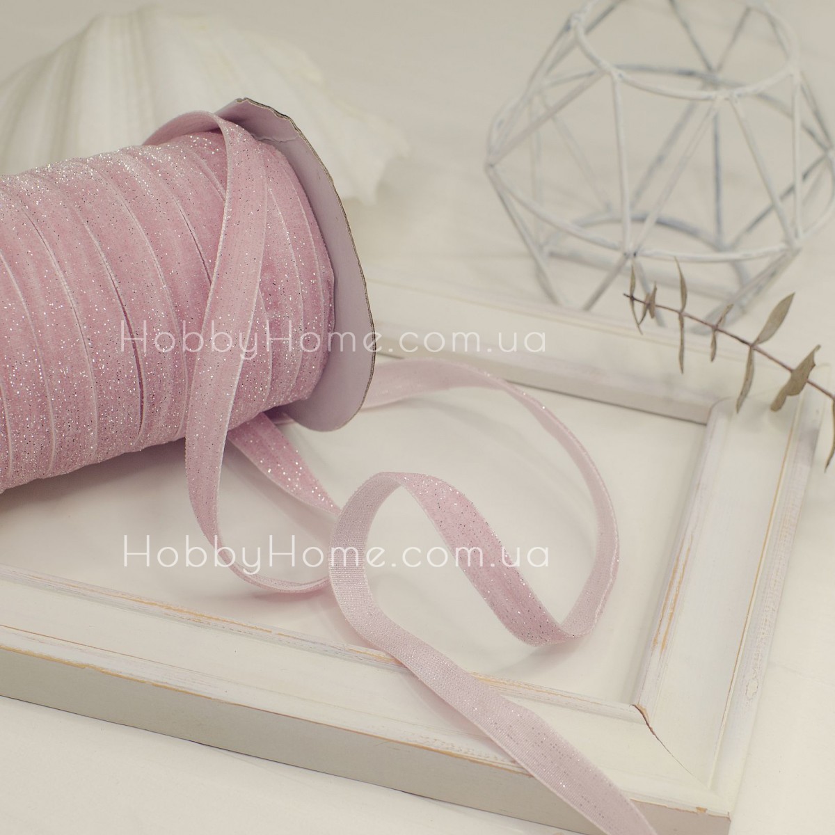 Оксамитова стрічка 1 см Рожева зі срібним люрексом – для декору та рукоділля