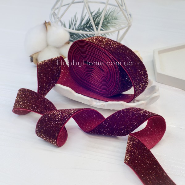Оксамитова стрічка Бордова 2,5 см з золотим люрексом — для декору та рукоділля