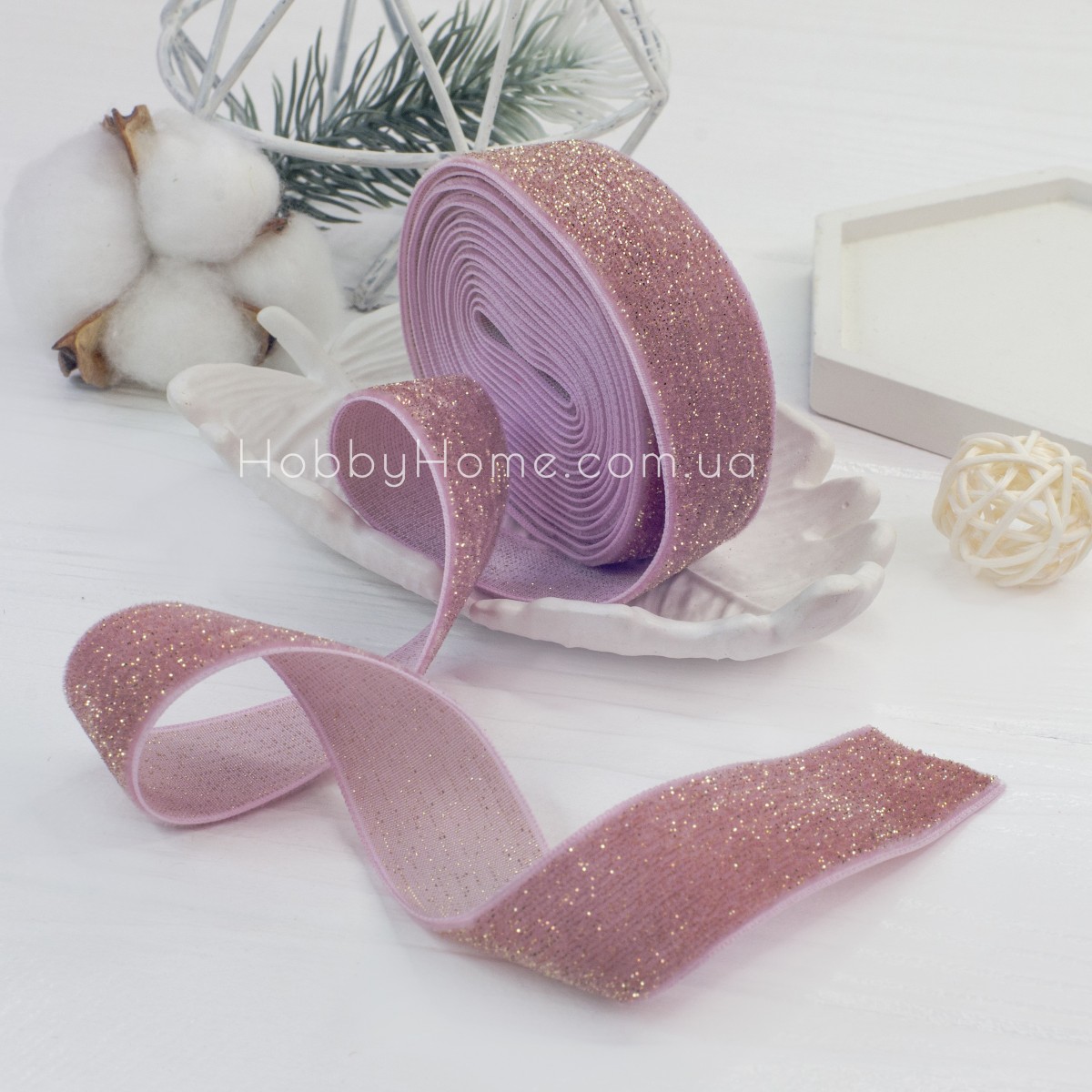 Оксамитова стрічка 2,5 см Пудрова з золотим люрексом