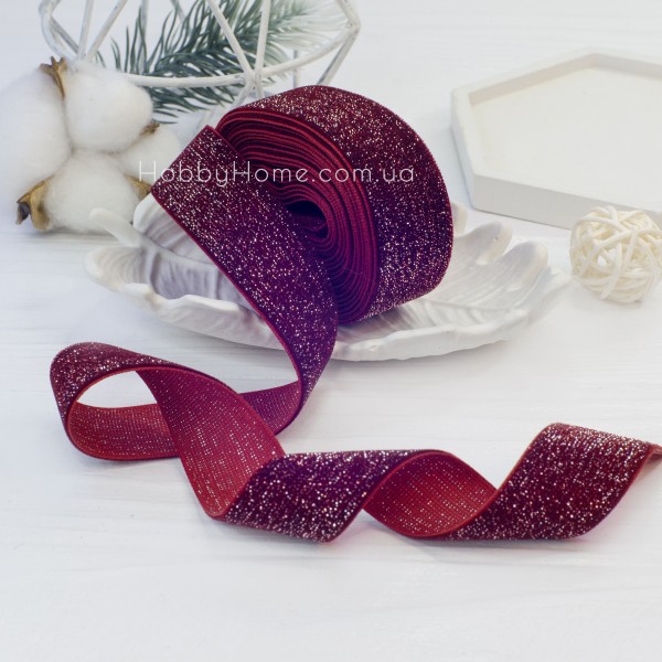 Оксамитова стрічка Бордова 2,5 см зі срібним люрексом — для декору, бантів і рукоділля