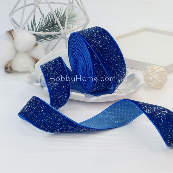 Оксамитова стрічка Синя 2,5 см із золотим люрексом — для декору та рукоділля