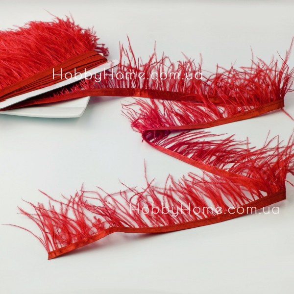 Пір'яна стрічка (тасьма) страуса 8-9 см Червоне — натуральна пір’яна тасьма для декору та рукоділля