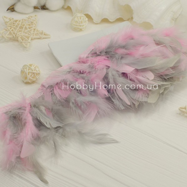 Пір'я індика на стрічці Градієнт 16см Рожевий і Сірий