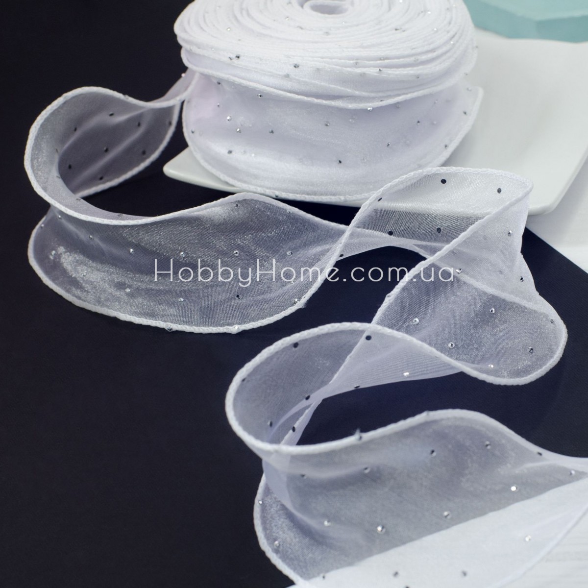 Стрічка органза 6 см Біла з блискітками, жорсткий край