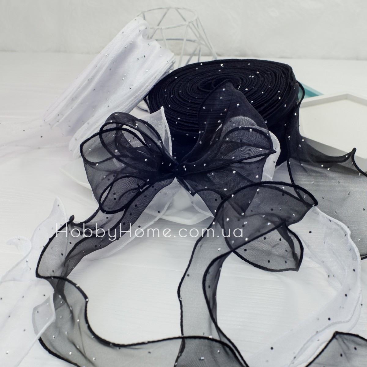 Стрічка органза 6 см Чорна з блискітками, жорсткий край