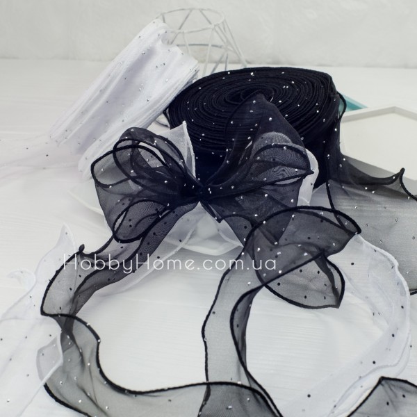 Стрічка органза 6 см Чорна з блискітками, жорсткий край