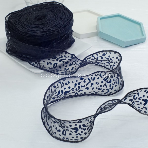 Стрічка органза з принтом леопард 6 см Чорна з жорстким краєм