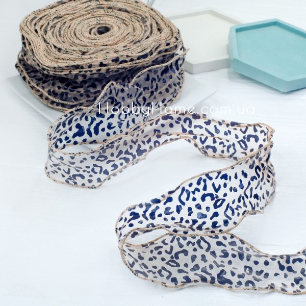 Стрічка органза з леопардом 6 см Бежева із жорстким прошитим краєм
