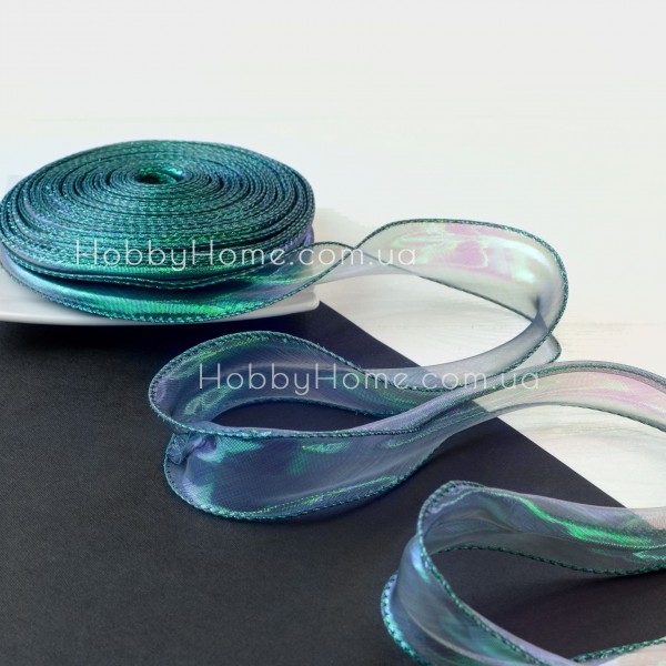 Стрічка органза хамелеон 4,5 Зелена см з кантом і лескою — перламутрова декоративна стрічка для обʼємних бантів