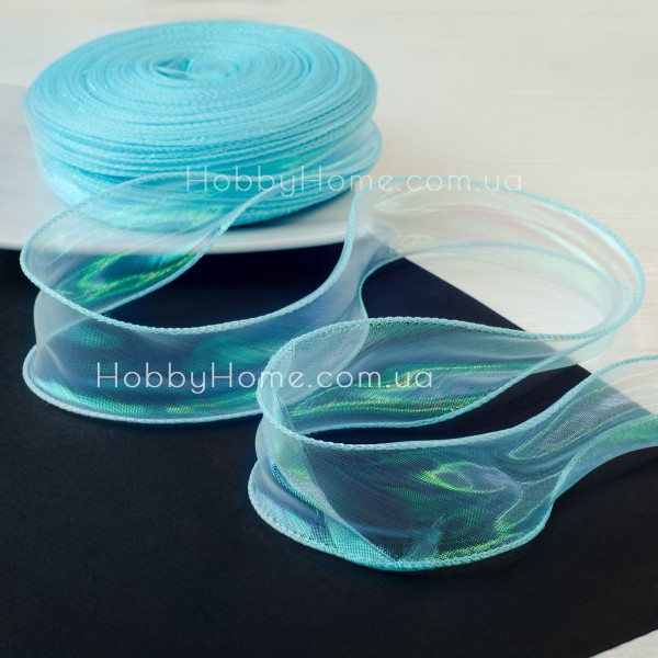 Стрічка органза хамелеон 4,5 см Блакитна з кантом і лескою — перламутрова декоративна стрічка для об’ємних бантів