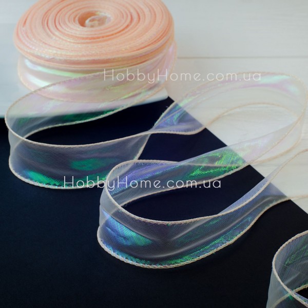 Стрічка органза хамелеон 4,5 см Персикова з кантом і волосінню — перламутрова стрічка для об’ємних бантів