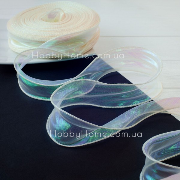 Стрічка органза хамелеон 4,5 см Айворі з кантом і лескою — перламутрова стрічка для об’ємних бантів
