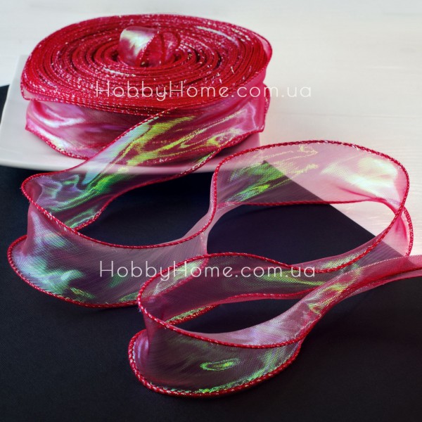 Стрічка органза хамелеон 4,5 см Червона з кантом і лескою — перламутрова стрічка для об’ємних бантів
