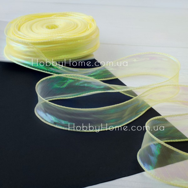 Стрічка органза хамелеон 4,5 см Жовта з кантом та лескою — перламутрова стрічка для об’ємних бантів