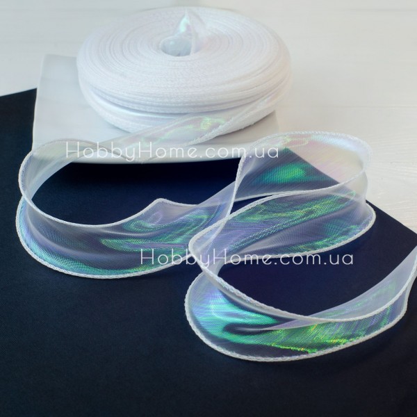 Стрічка органза хамелеон 4,5 см Біла з кантом і лескою для рукоділля