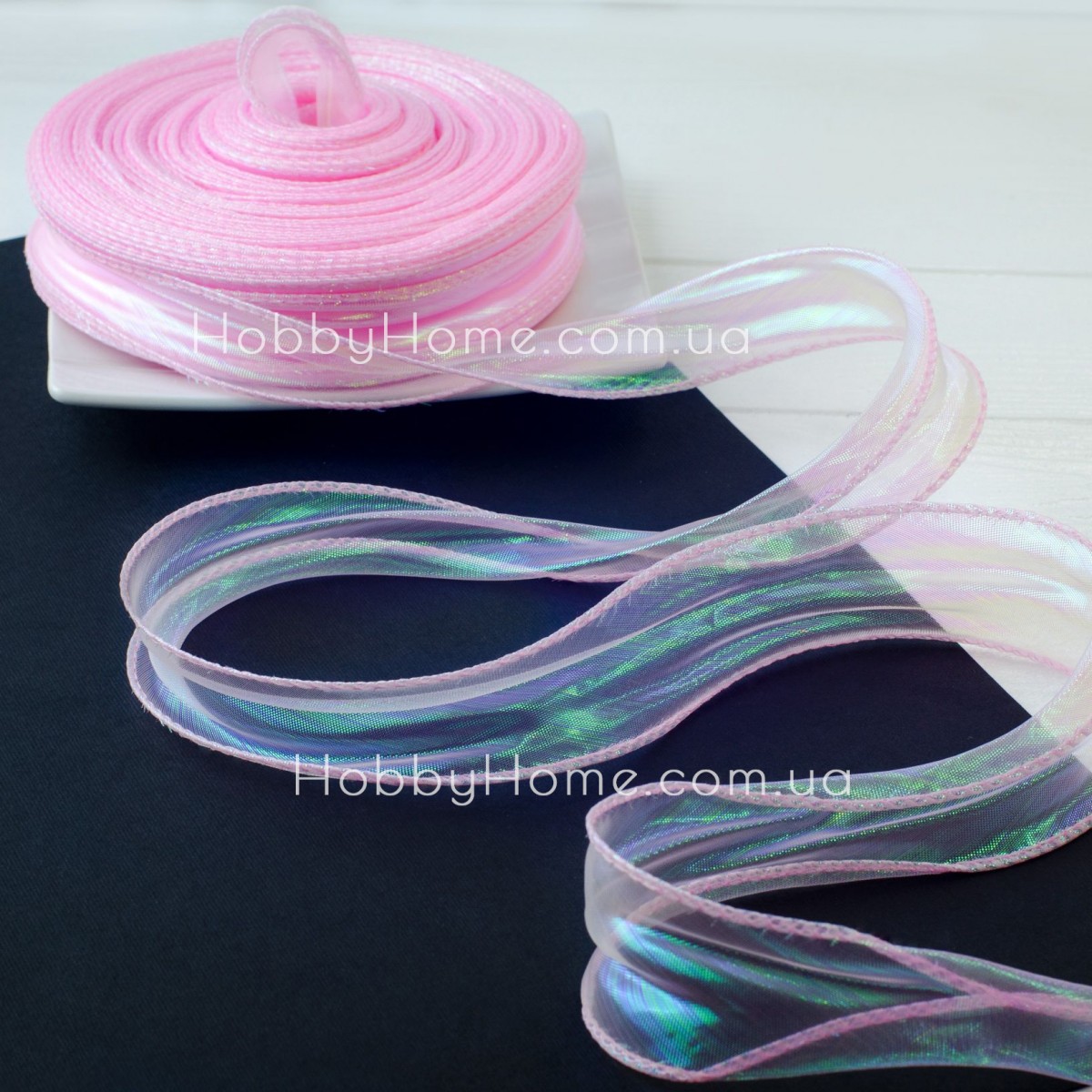 Стрічка органза хамелеон Рожева 4,5 см з кантом і лескою