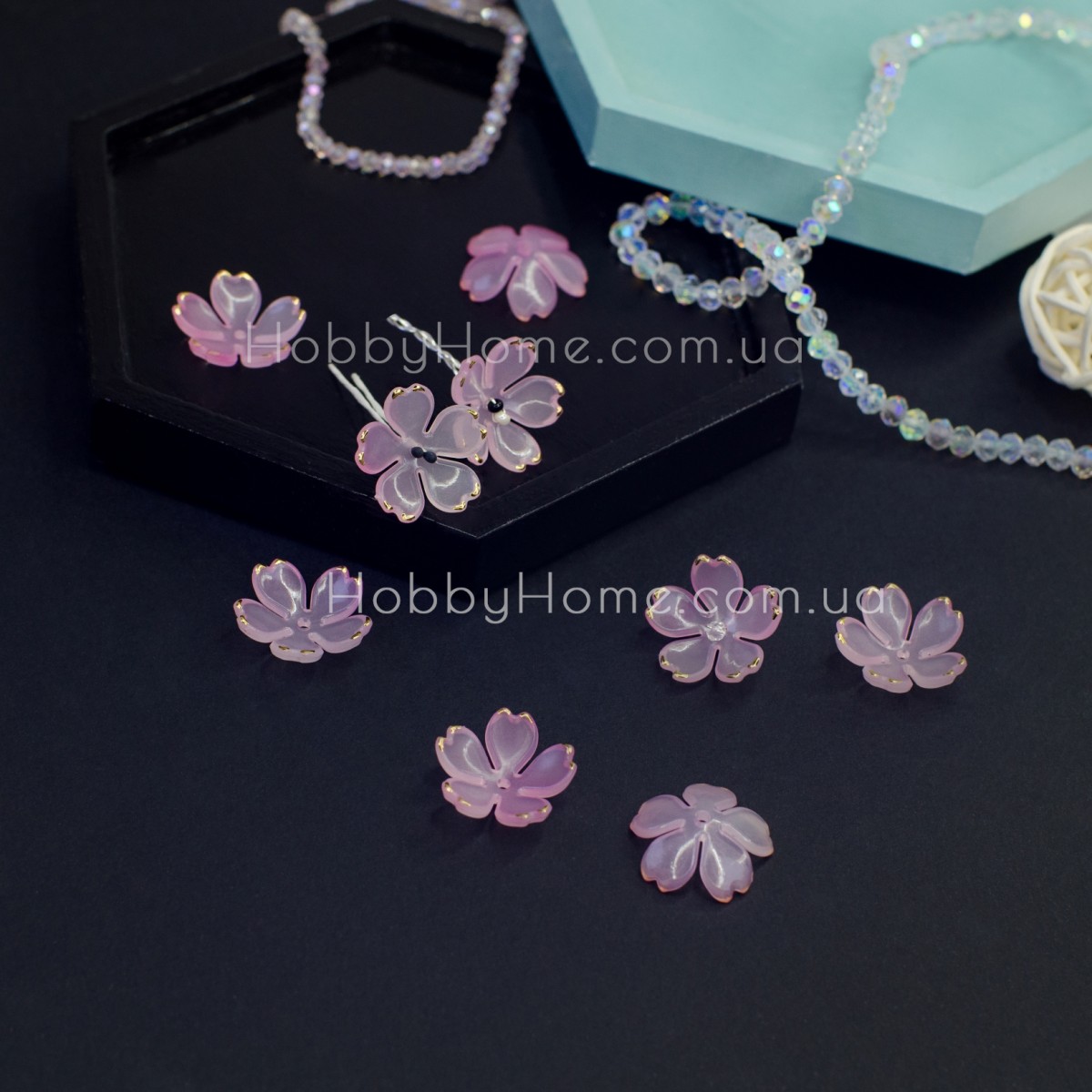 Акрилові Квіти 18мм намистини Рожевий з золотом