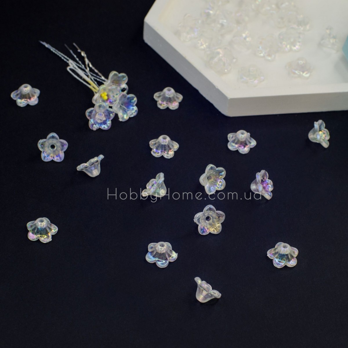 Акрилова прозора квітка Дзвоник 1,2см намистина обіймач АВ+ Акрилова прозора квітка Дзвоник 1,2см намистина обіймач АВ+