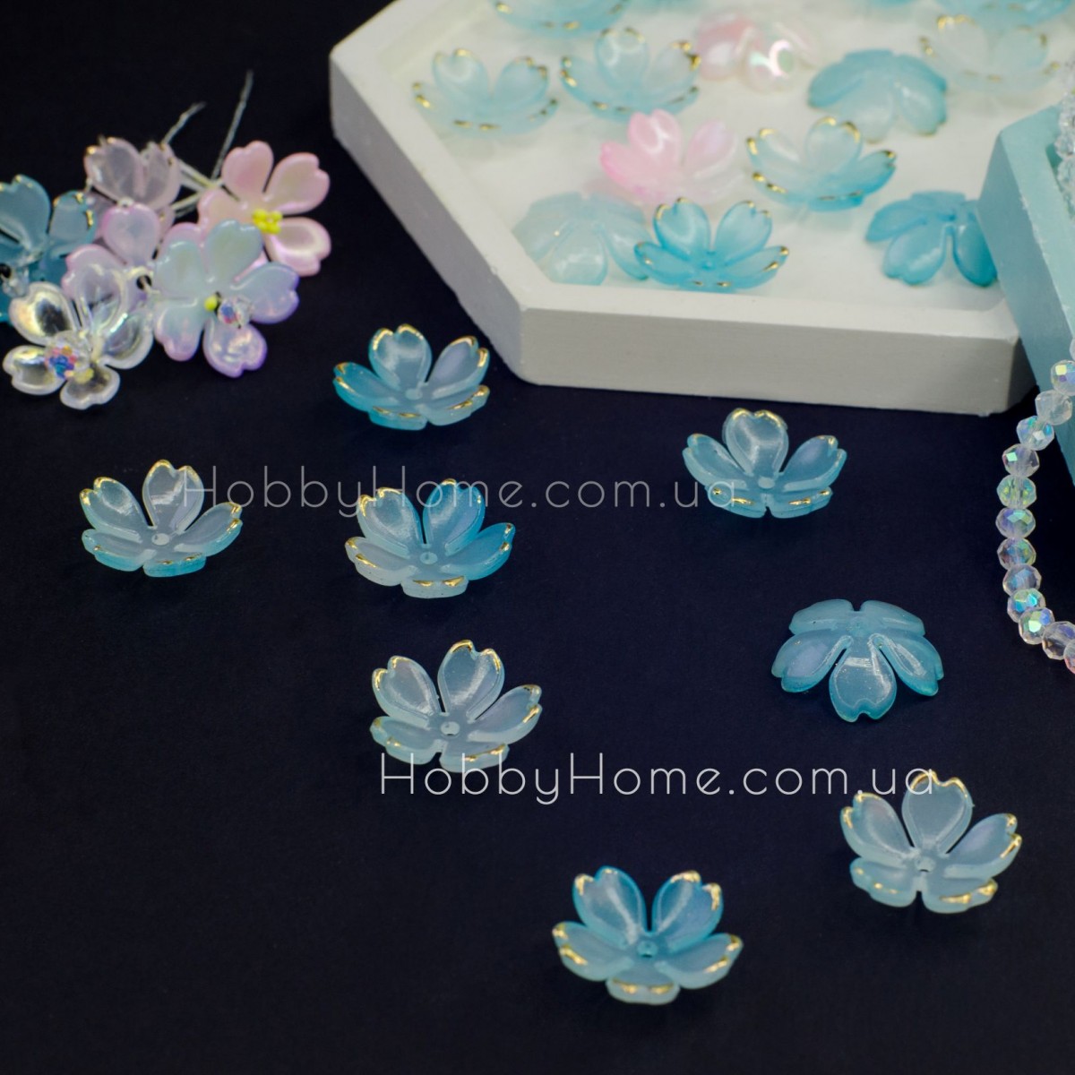 Акрилова напівпрозора намистина квітка 1,8см Блакитний градієнт