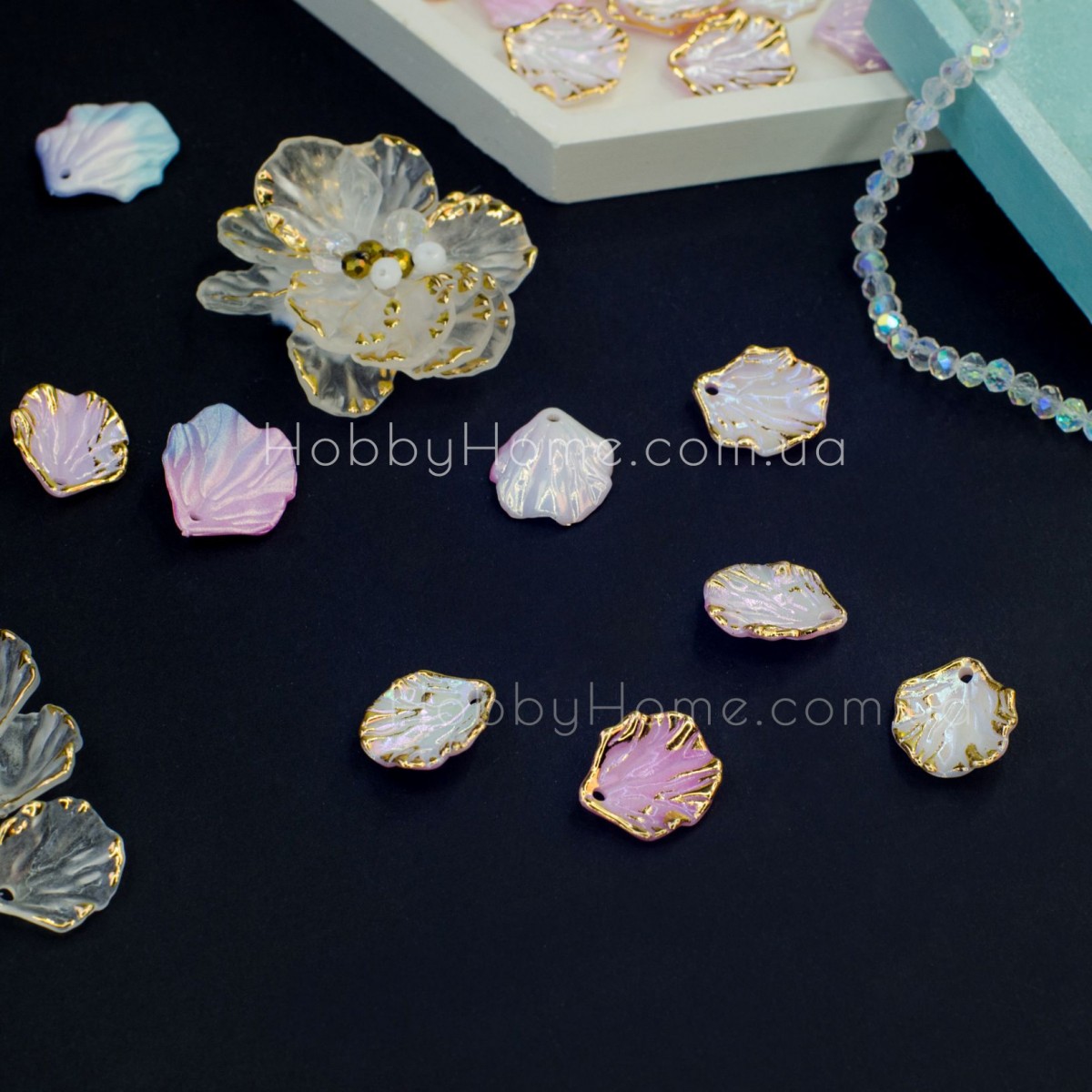 Акрилові намистини Листочки 1,7см Рожевий градієент з золотом