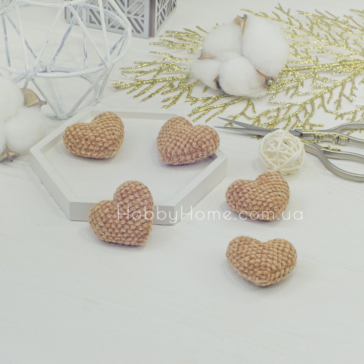 В'язані сердечка Велюрові 3,5см Світло коричневий В'язані сердечка Велюрові 3,5см Світло коричневий